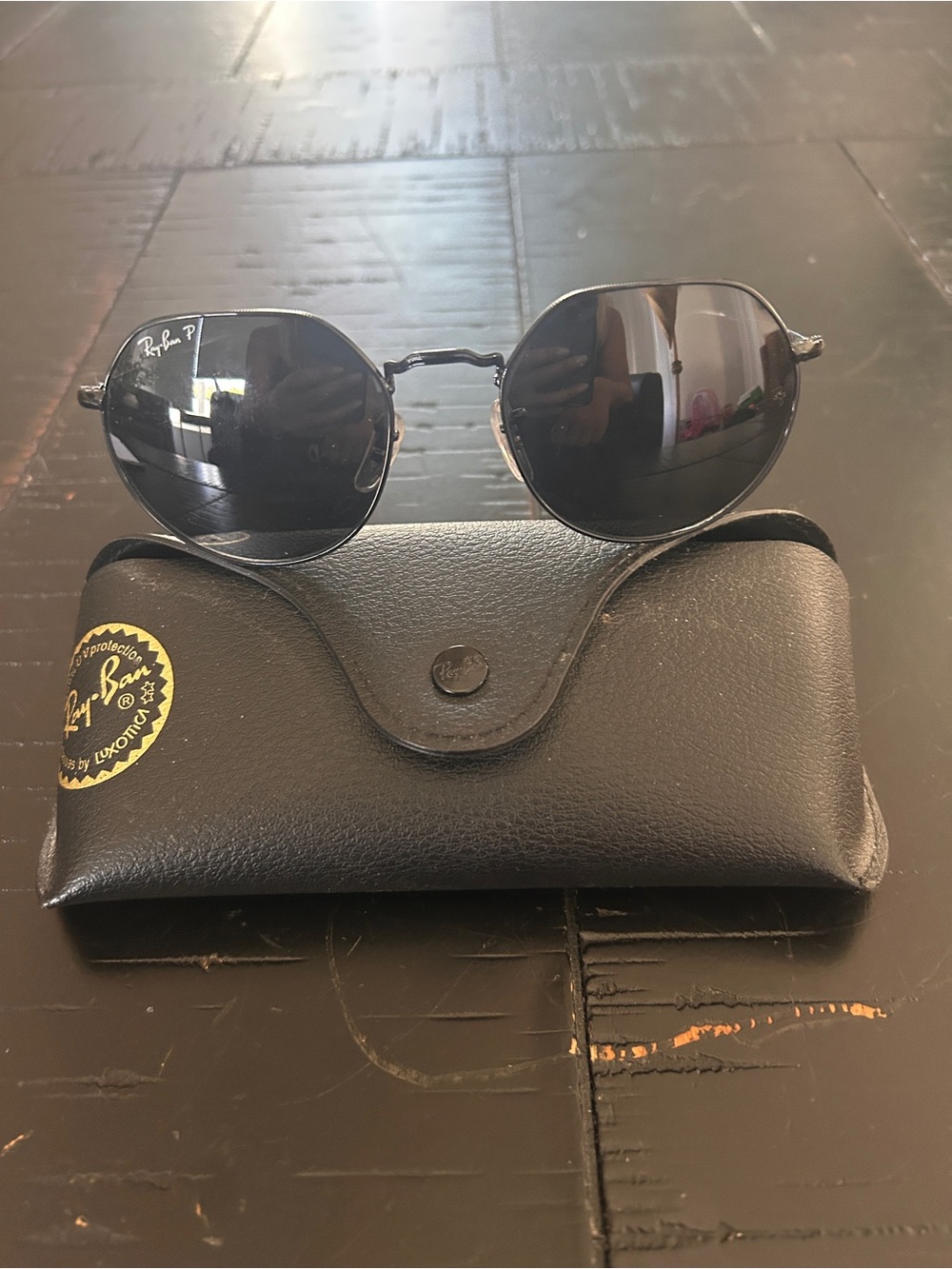 Ray-Ban P Black Hexagonal Sunglasses with Dark Lenses.